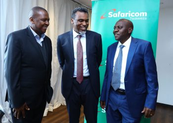(L-R) Mike Kariuki, HOD Security, Safaricom with DPP Noordin Haji and Safaricom Chief Corporate Security Officer, Nicholas Mulila at the Crowne Plaza Hotel, Nairobi. Safaricom says mobile money fraud reduced from Kshs 90 million to Kshs 20 million last year. www.exchange.co.tz