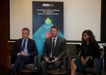 (L-R ) Control Risks CEO Richard Fenning ,Senior Partner East Africa Daniel Heal and Analyst Patricia Rodrigues address media during the press briefing at Capital Club Nairobi.