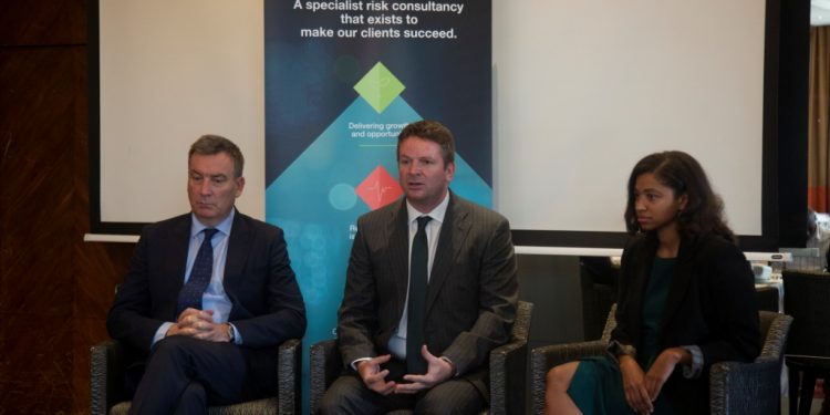 (L-R ) Control Risks CEO Richard Fenning ,Senior Partner East Africa Daniel Heal and Analyst Patricia Rodrigues address media during the press briefing at Capital Club Nairobi.