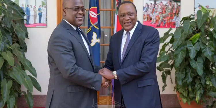 President Uhuru Kenyatta with his DR Congo counterpart Felix Tshisekedi at State House Nairobi. Tshisekedi says his country is willing to join the East African Community (EAC) to deepen its economic ties with the region. www.exchange.co.tz