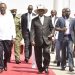 President Uhuru Kenyatta(L) with President Yoweri Museveni at the Moi International Airport when the Ugandan leader landed for a two-day state visit.