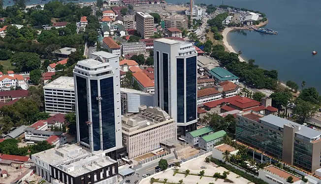Twin towers of Tanzania's Central Bank hover over the commercial port city of Dar es Salaam. The Central bank is extending loan security for artisan miners to secure credit from commercial banks.