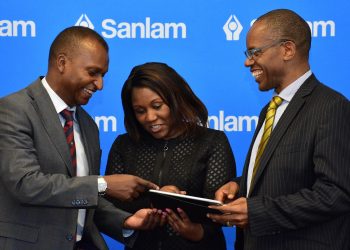 Sanlam Kenya Chief Financial Officer Kevin Mworia with Life CEO Stella Njunge and Group CEO Patrick Tumbo. Weeks after announcing a profitable turnaround, the company has approved a Voluntary Early Retirement scheme for its staff. www.theexchange.africa
