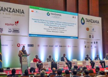 Tanzania Minister of State for  Investment Prime Minister's office, Hon. Angela Kairuki addressing delegates at the 3rd Oil and Gas Congress held in Dar es Salaam.