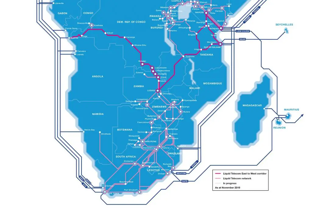 The Liquid fibre map with the East to West land-based fibre link. This expansion is connecting East to West Africa and millions of DRC citizens. www.theexchange.africa