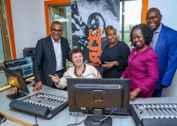 From left Olivier Laouchez(right)Trace Co-Founder Chairman and CEO, H. E Mrs. Aline Kuster –Menager French Ambassador, Victoria Anampiu, Joselyne Chebet both from Qwetu Radio and Danny Mucira (center)Trace East Africa Managing Director pose for a photo during the Trace Radio Launch at ABC Place Nairobi.