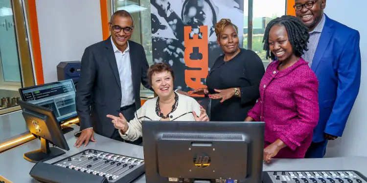 From left Olivier Laouchez(right)Trace Co-Founder Chairman and CEO, H. E Mrs. Aline Kuster –Menager French Ambassador, Victoria Anampiu, Joselyne Chebet both from Qwetu Radio and Danny Mucira (center)Trace East Africa Managing Director pose for a photo during the Trace Radio Launch at ABC Place Nairobi.