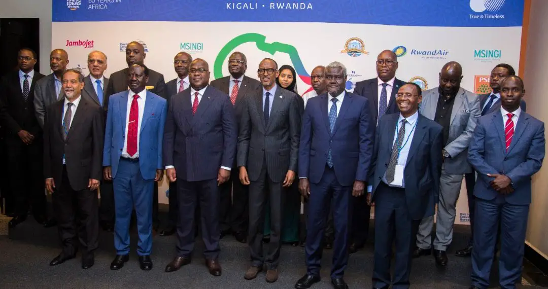 H.E. President Paul Kagame of Rwanda, Host President,  HE President Felix Tshisekedi, President of the Democratic Republic of Congo, Right Honourable Raila Odinga, High Representative for Infrastructure Development, African Union, and HE Moussa Faki Mahamet, Chairperson of the African Union - The Exchange