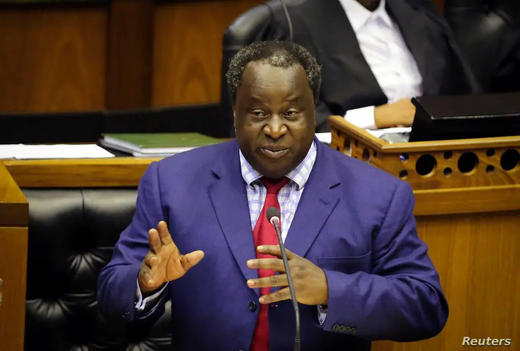 South Africa Finance Minister Tito Mboweni Gestures in Parliament Voanews