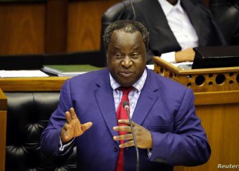 South African Finance Minister Tito Mboweni gestures as he delivers his budget speech at Parliament in Cape Town, South Africa, February 20, 2019. REUTERS/Sumaya Hisham - Exchange