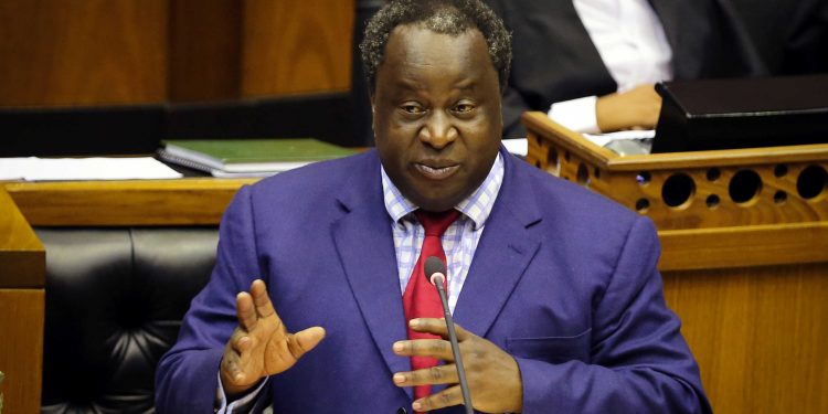South African Finance Minister Tito Mboweni gestures as he delivers his budget speech at Parliament in Cape Town, South Africa, February 20, 2019. REUTERS/Sumaya Hisham - Exchange