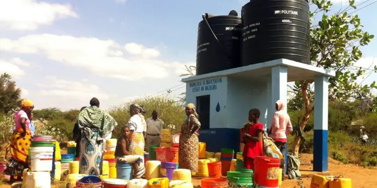 A WaterKiosk® in one of the areas without reliable water. The desalination systems will deliver a total of one million litres of clean drinking water per day. www.theexchange.africa