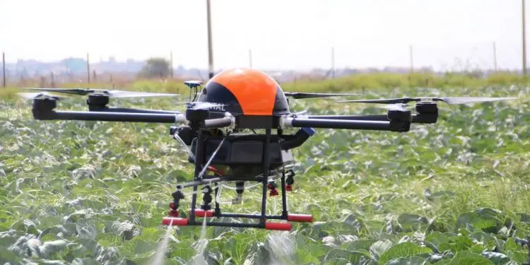A drone spraying a cabbage farm. Drones are progressively being deployed on emerging disaster situations because they are portable, reliable and increasingly affordable. www.theexchange.africa