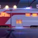 Railway station with high speed train and platform at night. Vector cartoon illustration of empty interior of subway waiting terminal with locomotive on railroad. Arrival passenger express