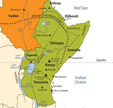 A map of Eastern Africa neighbours Kenya, Ethiopia and Somalia. Working together will enable the region reap benefits of a unified market. www.theexchange.africa