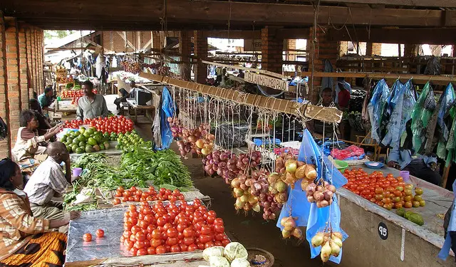 Produce sale at local market in Malawi.