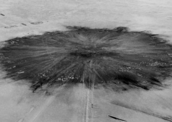 The site of Gerboise Bleue, the first French nuclear bomb test, on Feb. 20, 1960, a week after detonation.AFP- Getty Images
