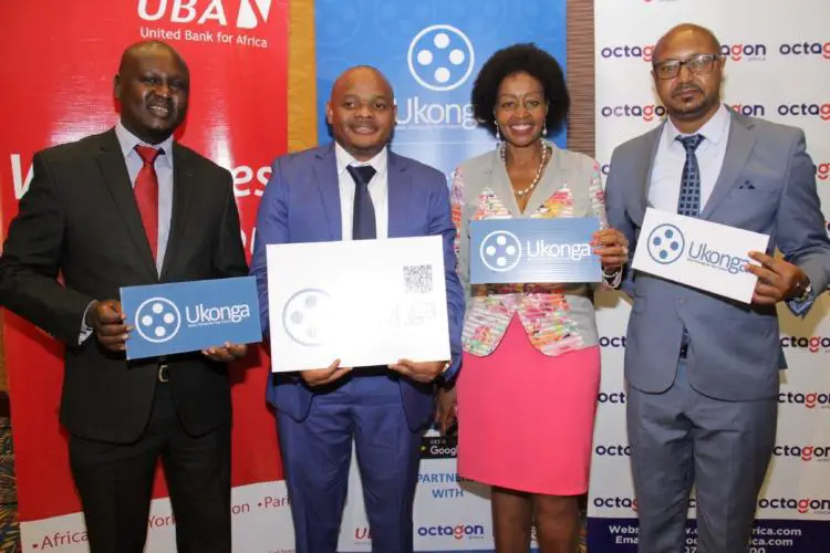 From left: Octagon Africa Executive Director of Strategy and Product Development Godwin Simba, SaveApp CEO Abdulaziz Omar, Flora Mutahi who was the chief guest and CEO KEPSA and far Right Naivas Corporate sales manager Patrick Pere pose for a photo at the launch of Ukonga. www.theexchange.africa