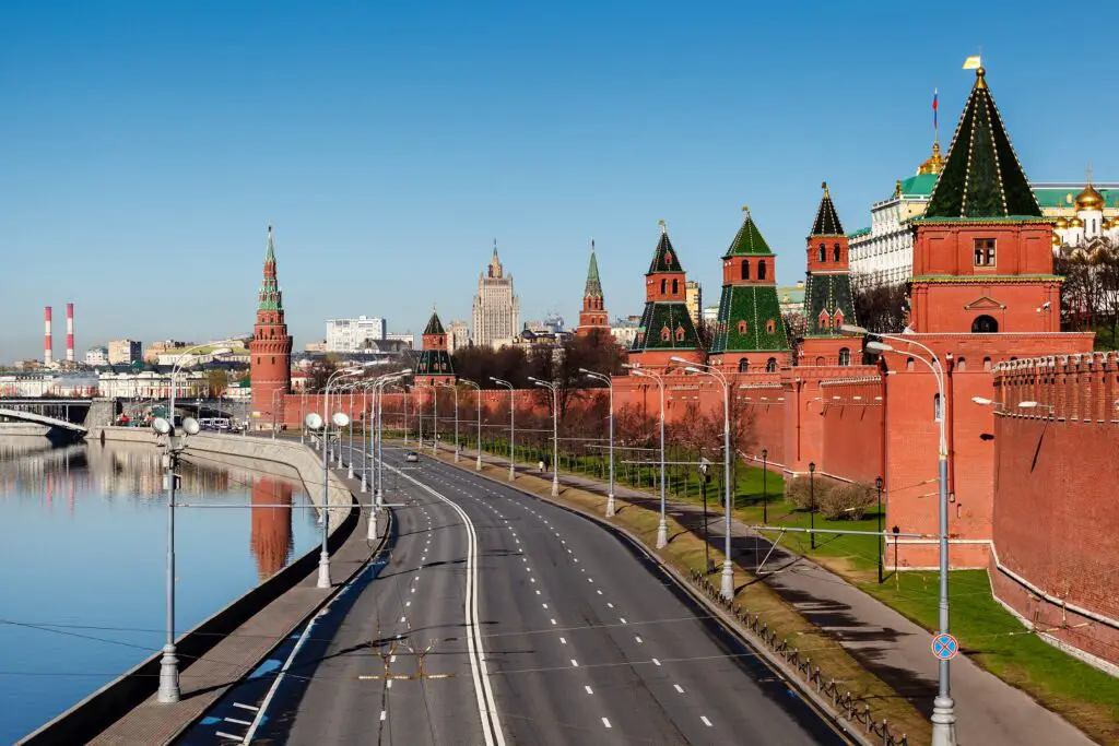 View on Moscow Kremlin Wall and Moscow River Embankment, Russia. The Russia-Africa Summit will be held in St. Petersburg in November. www.theexchange.africa