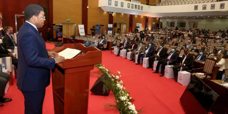 Prime Minister Kassim Majaliwa speaking at the Tanzania-UK Trade and Investment Forum at the Julius Nyerere International Conference Center (JNICC) in Dar es Salaam. Photo by TPSF