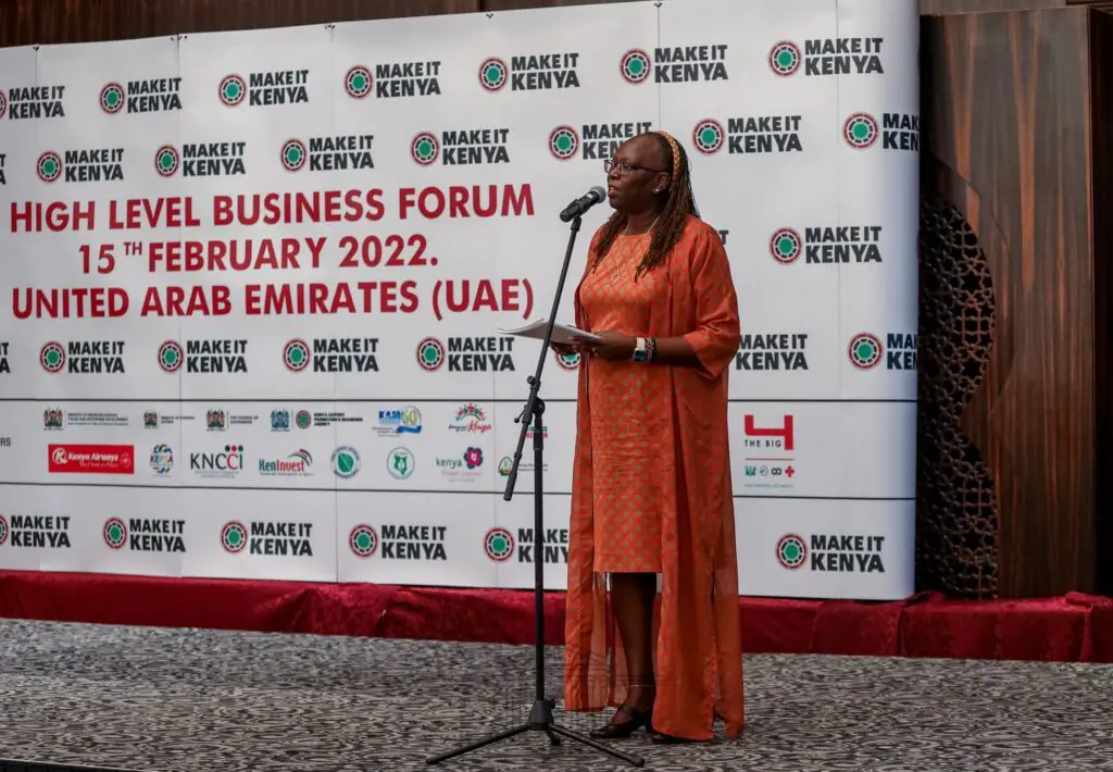 Kenya's Trade CS Betty Maina during the opening of the Kenya-Gulf Cooperation Council (GCC) states business forum in Dubai. This is on the first day of President Uhuru Kenyatta's working visit to the United Arab Emirates (UAE). www.theexchange.africa