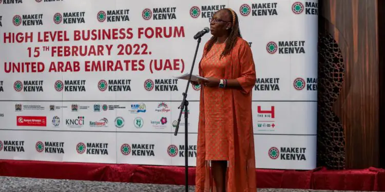 Kenya's Trade CS Betty Maina during the opening of the Kenya-Gulf Cooperation Council (GCC) states business forum in Dubai. This is on the first day of President Uhuru Kenyatta's working visit to the United Arab Emirates (UAE). www.theexchange.africa
