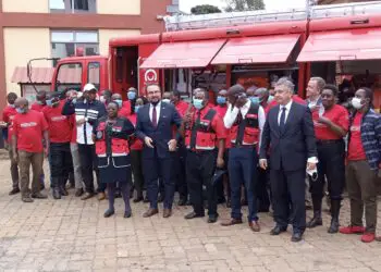 Polish Deputy Minister of Foreign Affairs Paweł Jabłoński (C) with Polish Ambassador to Kenya at the Fire and Rescue Training Centre in Kiambu County on June 25, 2021. The station’s construction was co-financed by Polish aid – Poland’s Development Cooperation Programme. www.theexchange.africa