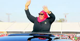 Tanzania president Samia Suluhu Hassan waves to cheering crowds. Photo By State House