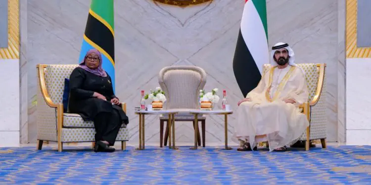 Tanzania President Samia Suluhu Hassan with Vice President and Prime Minister of the United Arab Emirates (UAE) and Ruler of Dubai His Highness Sheikh Mohammed bin Rashid Al Maktoum. www.theexchange.africa