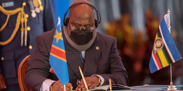 President Felix Antoine Tshisekedi signing the treaty of accession at State House, Nairobi. This follows the admission of DR Congo into the EAC as the seventh member of the regional bloc. www.theexchange.africa