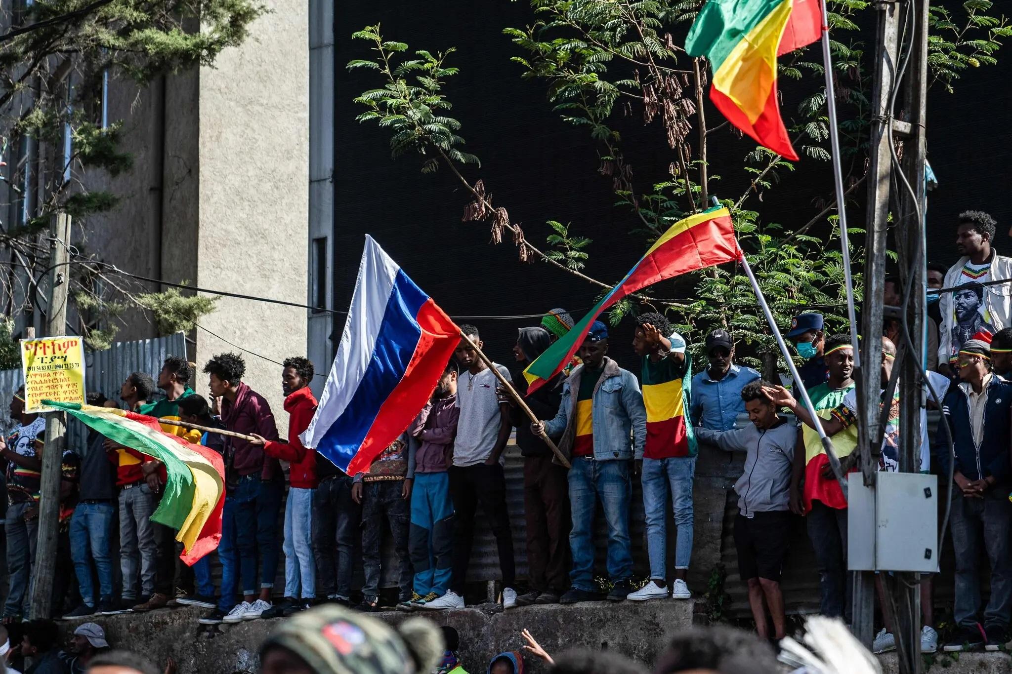 Ethiopians with a Russian flag celebrating the 19th century battle against Italian invaders in Addis Ababa. Russia has not been abusive to Africa on the scale that the United States or its allies have been. www.theexchange.africa