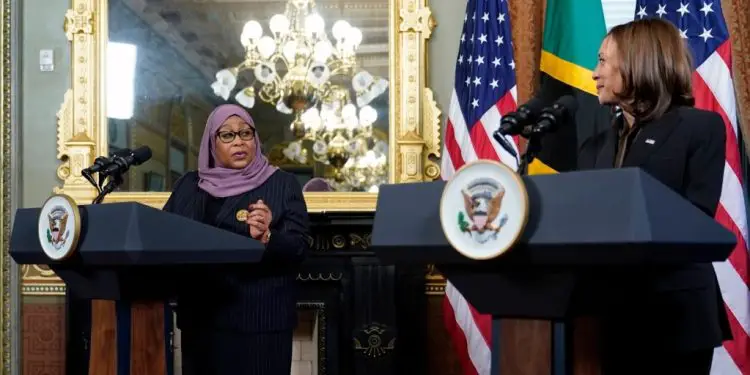 Tanzanian President Samia Suluhu Hassan with Vice President Kamala Harris on April 15, 2022, in Washington. Tanzania’s Liquefied Natural Gas (LNG) sector is ripe in East Africa’s LNG investments. www.theexchange.africa