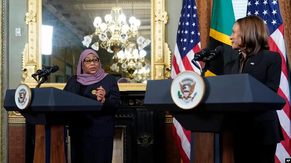 Tanzanian President Samia Suluhu Hassan with Vice President Kamala Harris on April 15, 2022, in Washington. Tanzania’s Liquefied Natural Gas (LNG) sector is ripe in East Africa’s LNG investments. www.theexchange.africa