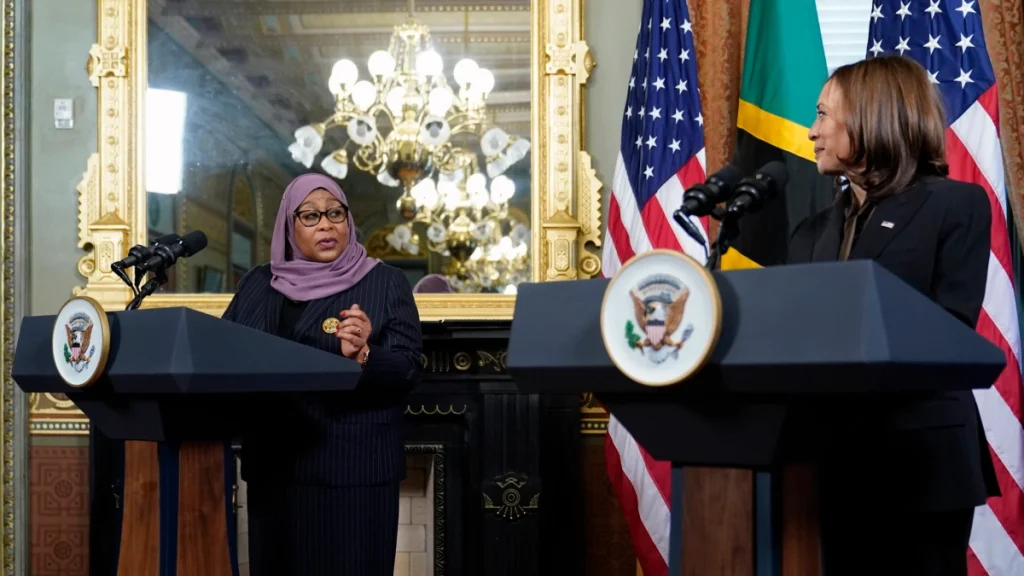 President Samia Suluhu Hassan with US VP Kamala Harris. Suluhu Hassan’s visit to the US has brought the countries closer to implementing the Open Skies Air Transport Agreement. www.theexchange.africa