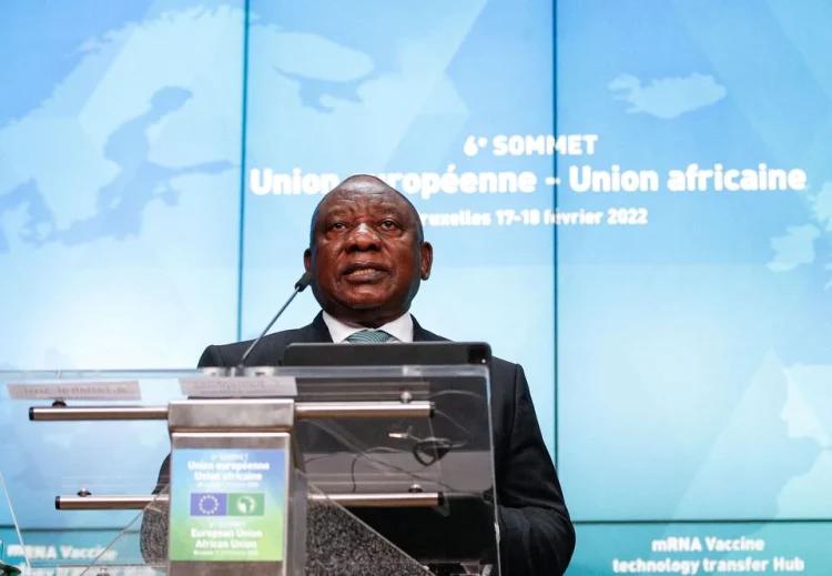South Africa's President Cyril Ramaphosa gives a statement on the coronavirus disease (COVID-19) vaccination, during a European Union - African Union summit, in Brussels, Belgium February 18, 2022. (Photo/ REUTERS)