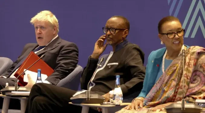 Britain's Prime Minister Boris Johnson, Rwanda President Paul Kagame, and Secretary-General of the Commonwealth of Nations Patricia Scotland during the Leaders' Retreat executive session on the sidelines of the 2022 Commonwealth Heads of Government meeting in Kigali, Rwanda, Saturday, June 25, 2022. (Photo/ The Zimbabwe Mail)