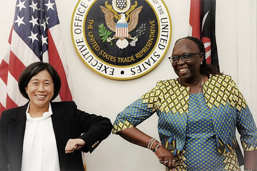 Kenyan Cabinet Secretary Betty Maina (R) with US Trade Representative Katherine Tai. Kenya and the US have launched a strategic trade and investment partnership. www.theexchange.africa