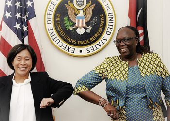 Kenyan Cabinet Secretary Betty Maina (R) with US Trade Representative Katherine Tai. Kenya and the US have launched a strategic trade and investment partnership. www.theexchange.africa