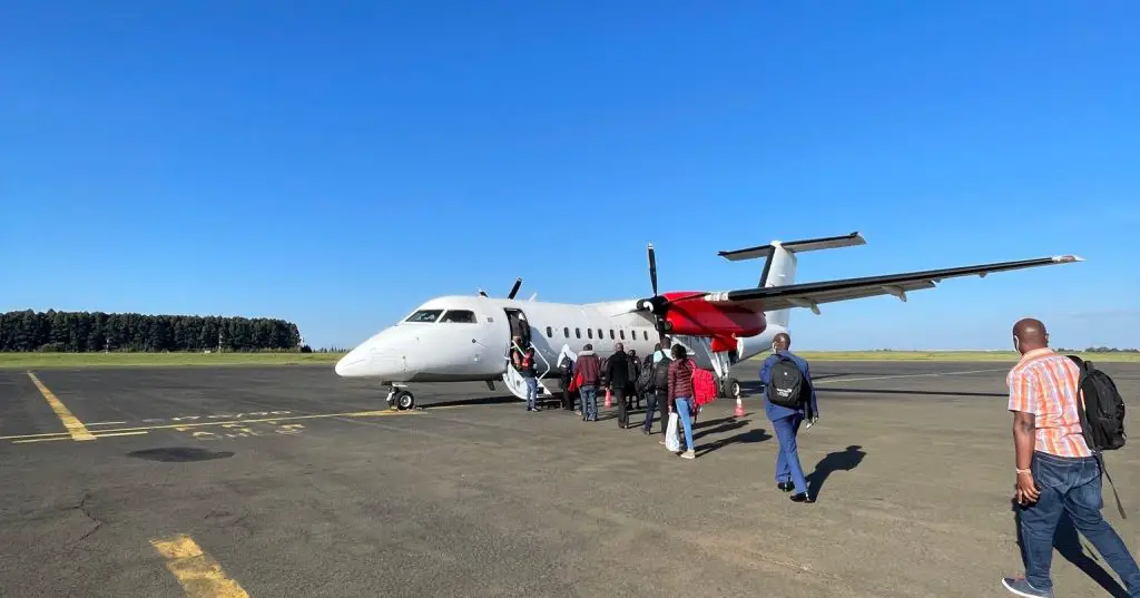 Kenyans board a Skyward Express plane at the Eldoret International Airport
