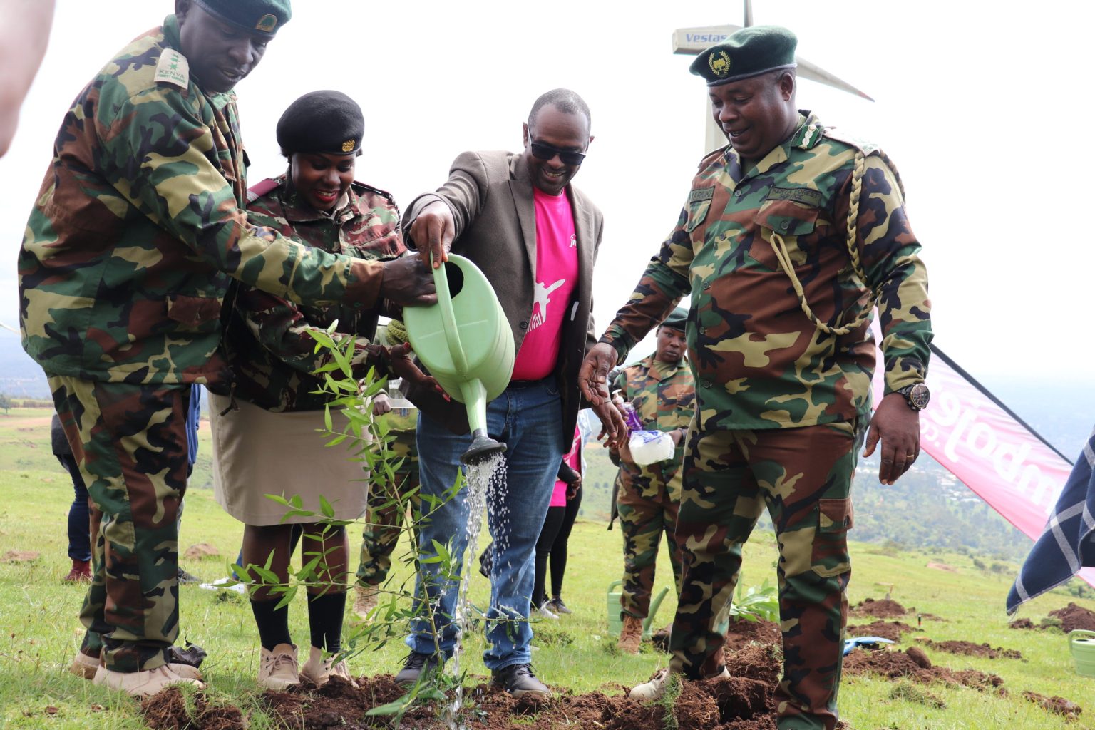 (L-R) Francis Kurema Kariuki Forest Station Manager Ngong Hills Kenya Forest Service, Bathsheba Nyaboke Osiemo Assistant County Commissioner 1 Kajiado North Sub County, Jambojet CEO Karanja Ndegwa and Francis Kariuki Head Of Nairobi Forest Conservancy KFS at the ‘Adopt-A-Forest’ ground breaking at Ngong Hills. www.theexchange.africa