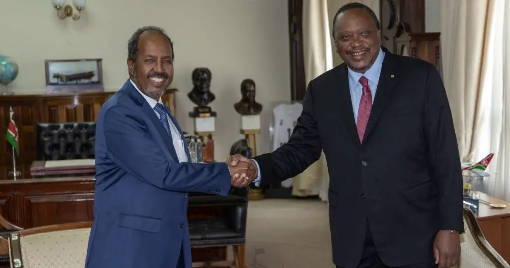 Presisent Uhuru Kenyatta welcomes Somalia president Hassan Sheikh Mohamud to Kenya. www.theexchange.africa.