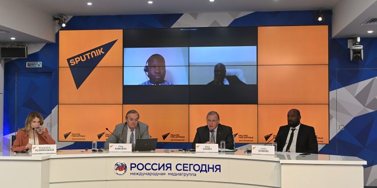 The Rossiya Segodnya roundtable panel during the discussion on food security in Africa. Sanctions are aimed at Russia's exports of food and fertiliser. www.theexchange.africa