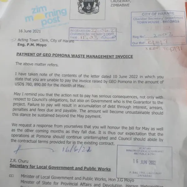 the local government Ministry has written to the council demanding payment of the bill which has now reached US$780.000