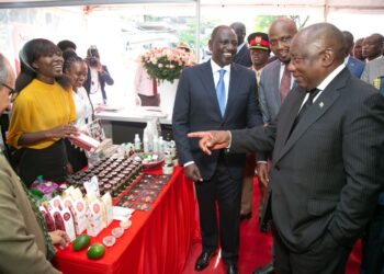 President William Ruto and his South African counterpart Cyril Ramaphosa at a trade exhibition in Nairobi on November 9, 2022. The Kenya and South Africa visa deal will take effect on January 1, 2023. www.theexchange.africa