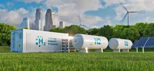3D rendering of a concept of an energy storage system based on electrolysis of hydrogen in a clean environment with photovoltaics, wind farms and a city in the background. www.theexchange.africa