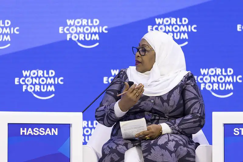 President Samia Suluhu of Tanzania speaking at the World Economic Forum