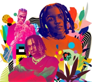 Ckay, Fireboy DML, and Amaarae (from left) ILLUSTRATION BY SEAN MCCABE. IMAGES USED WITH ILLUSTRATION, FROM LEFT. www.theexchange.africa