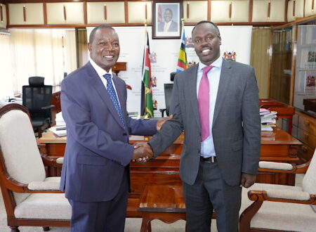 From Left to Right: Cabinet Secretary - National Treasury and Economic Planning - Prof. Njuguna Ndung’u and Commissioner of Insurance and Chief Executive Officer (IRA) Godfrey Kiptum share a light moment during a courtesy call to the CS at his offices at the National Treasury buildings on 6th February 2023.