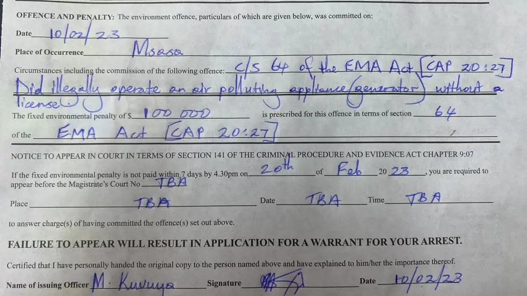 EMA has ordered that a resident of Harare pay a fixed penalty of ZWL$100,000 