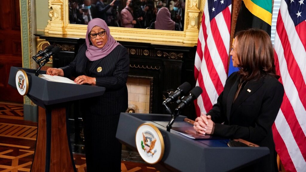 Tanzania President Samia Hassan delivers speech with US Vice President Kamala Harris when the latter visited the US in April 2021. Photo/CFR